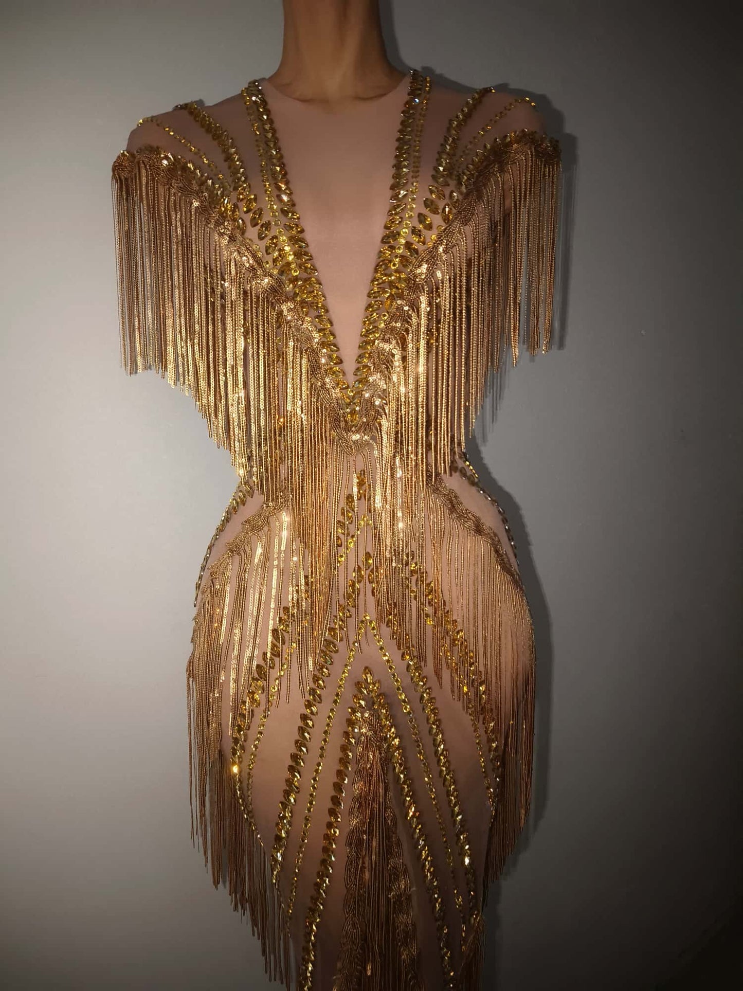 Shexian Golden Sequin Tassel Rhinestone Banquet Dress