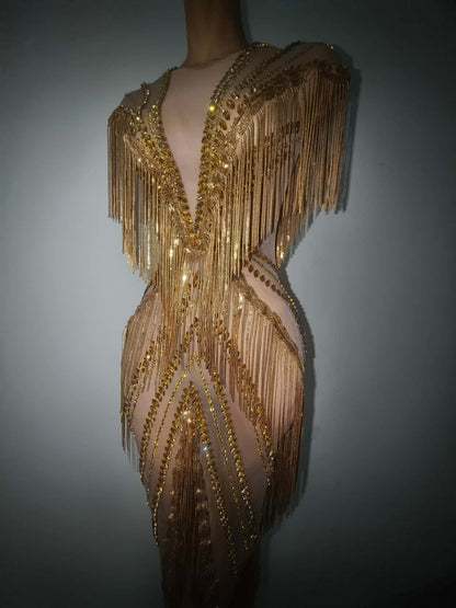 Shexian Golden Sequin Tassel Rhinestone Banquet Dress