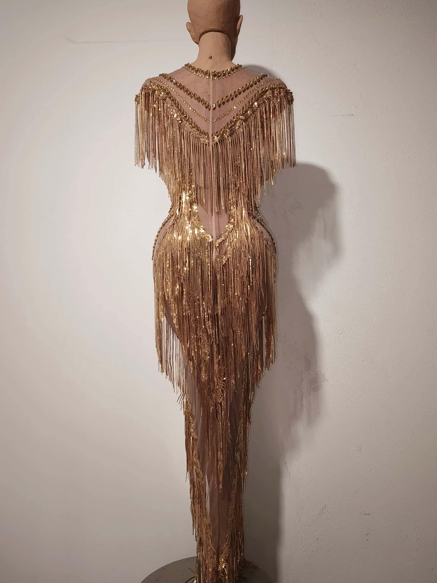 Shexian Golden Sequin Tassel Rhinestone Banquet Dress