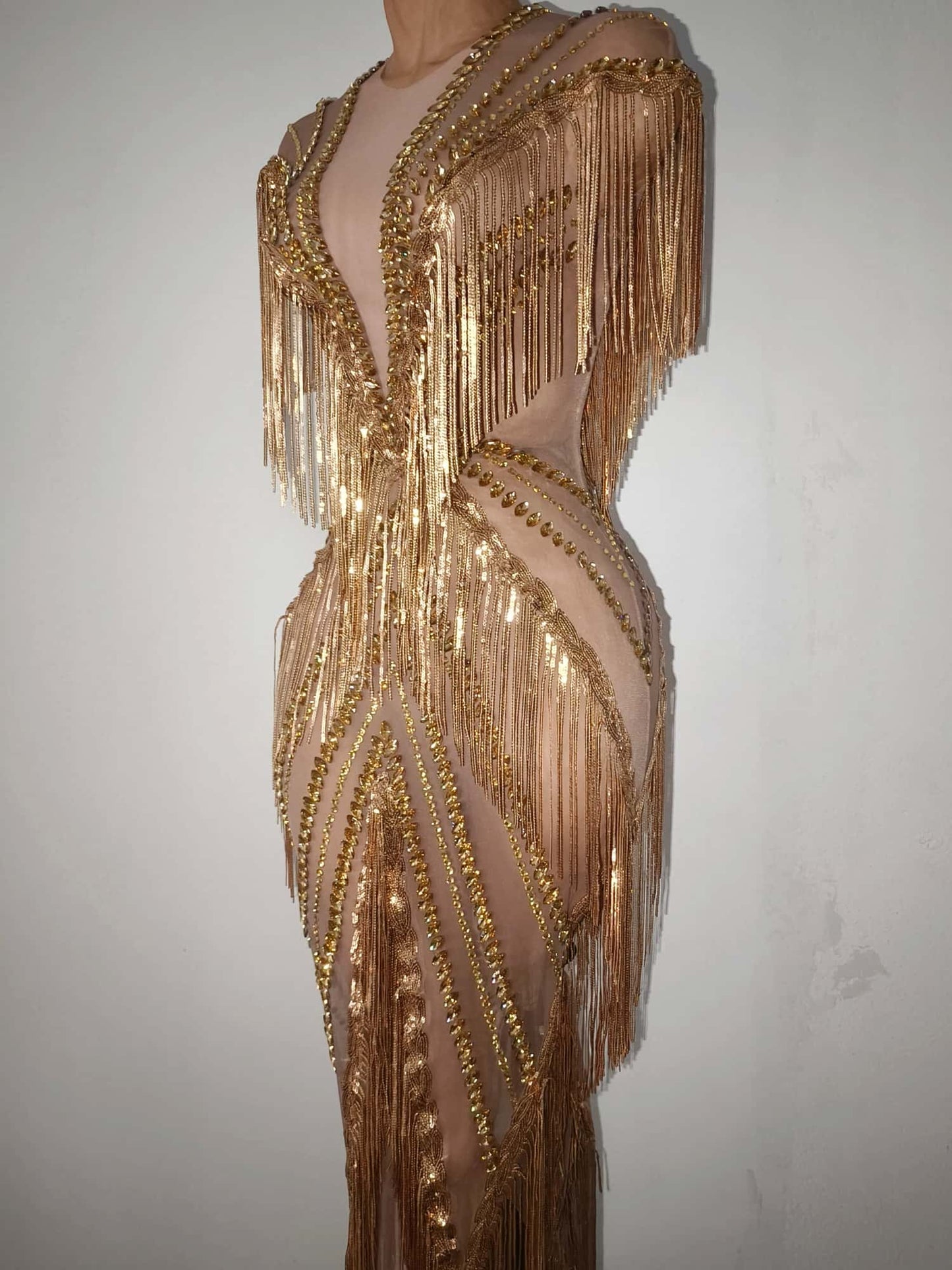 Shexian Golden Sequin Tassel Rhinestone Banquet Dress