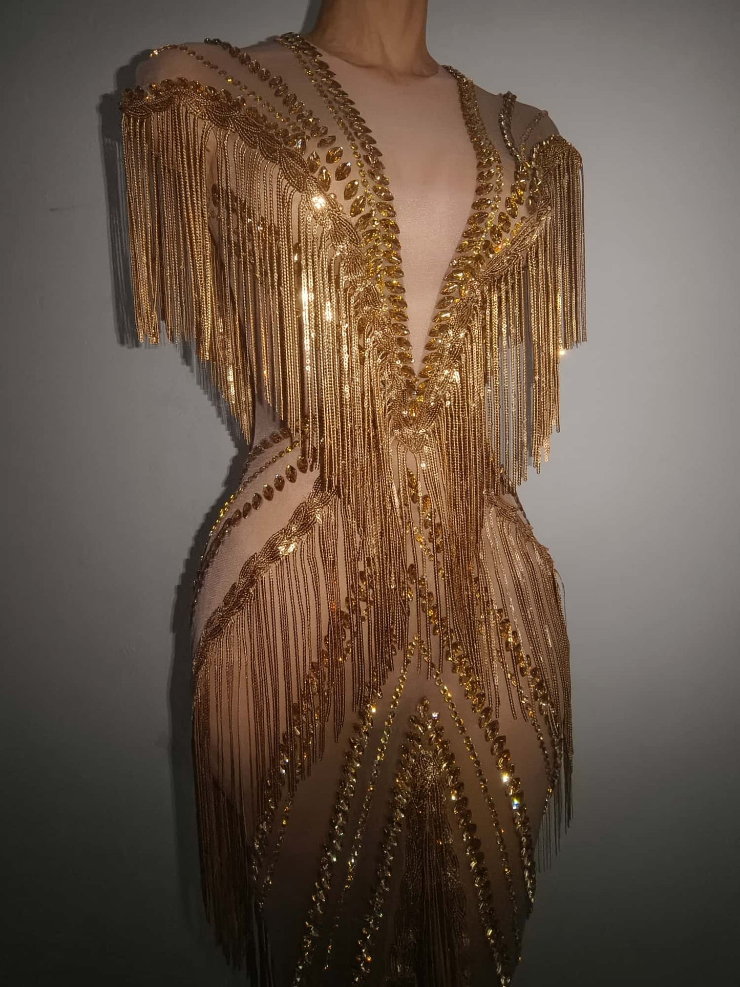 Shexian Golden Sequin Tassel Rhinestone Banquet Dress