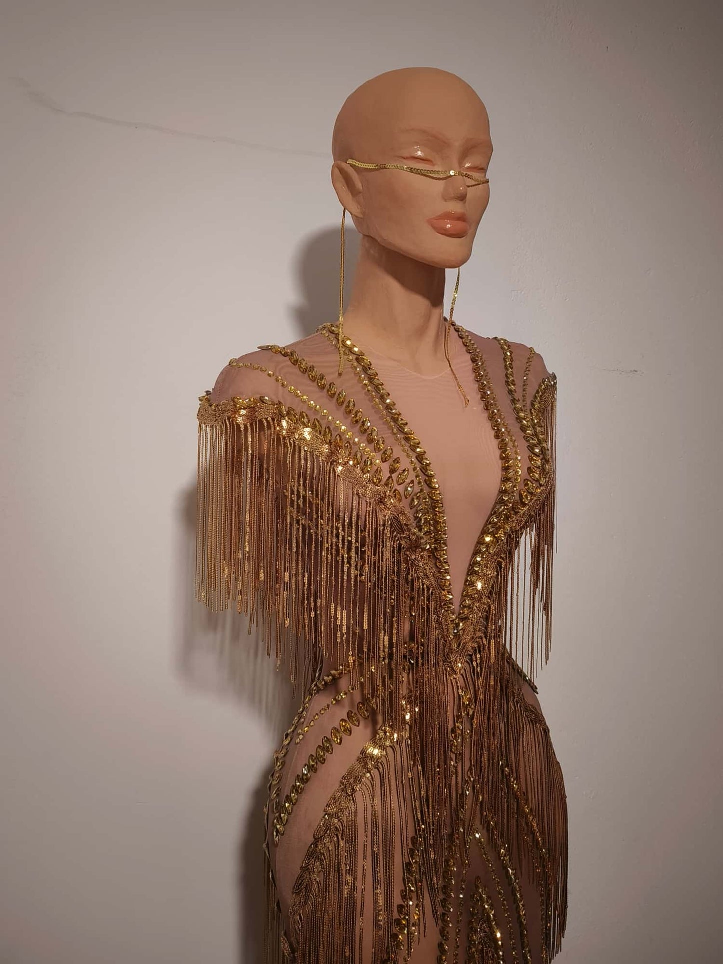 Shexian Golden Sequin Tassel Rhinestone Banquet Dress