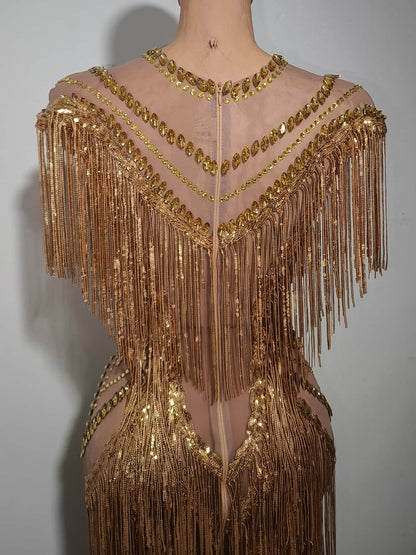 Shexian Golden Sequin Tassel Rhinestone Banquet Dress