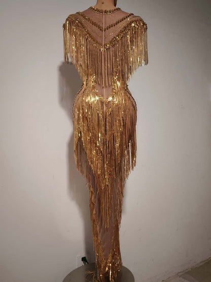 Shexian Golden Sequin Tassel Rhinestone Banquet Dress