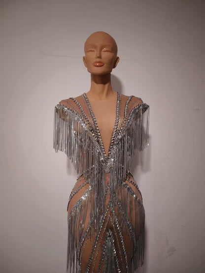 Shexian Silver Sequin Tassel Rhinestone Banquet Dress