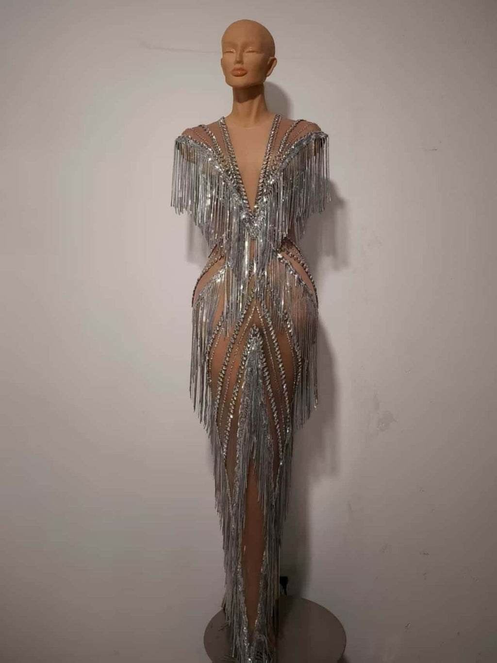 Shexian Silver Sequin Tassel Rhinestone Banquet Dress