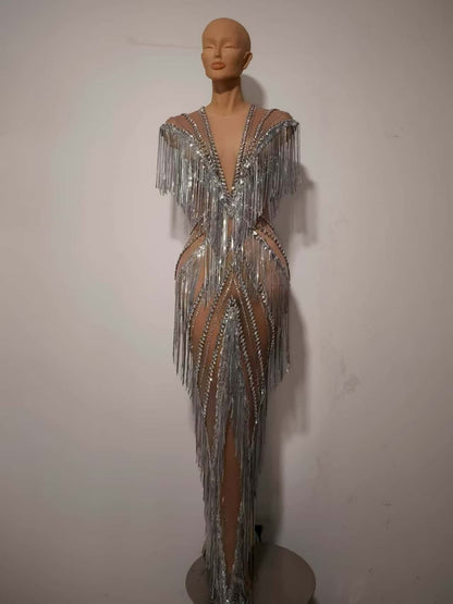 Shexian Silver Sequin Tassel Rhinestone Banquet Dress