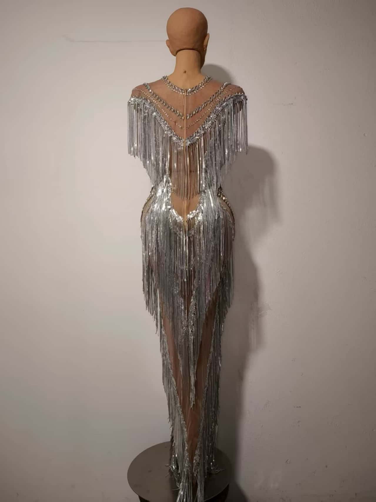 Shexian Silver Sequin Tassel Rhinestone Banquet Dress