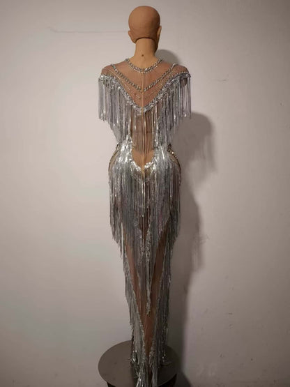 Shexian Silver Sequin Tassel Rhinestone Banquet Dress