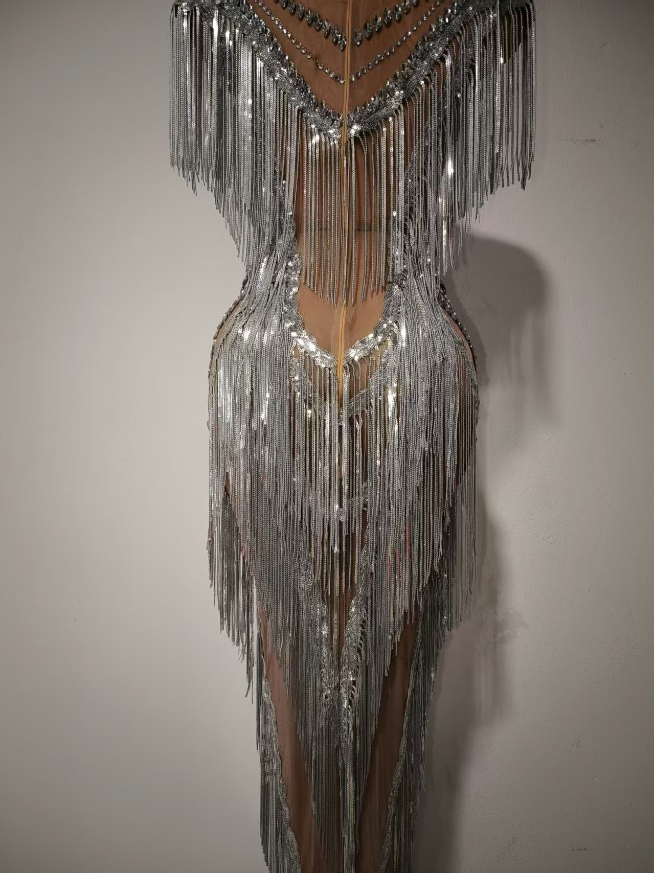 Shexian Silver Sequin Tassel Rhinestone Banquet Dress