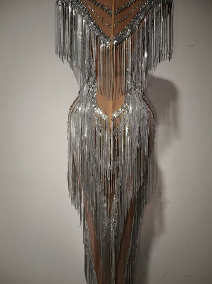Shexian Silver Sequin Tassel Rhinestone Banquet Dress