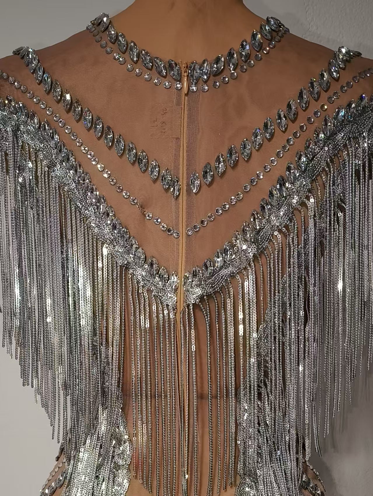 Shexian Silver Sequin Tassel Rhinestone Banquet Dress