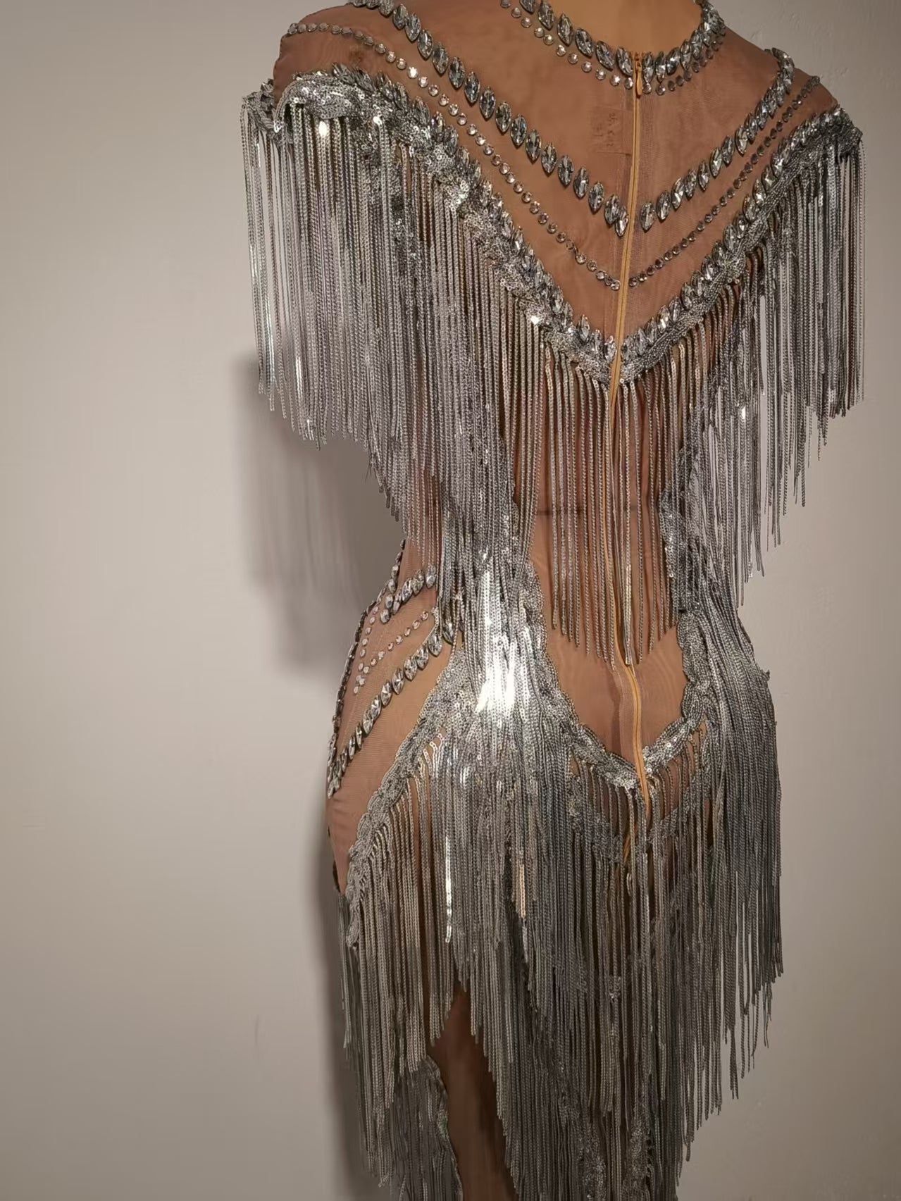 Shexian Silver Sequin Tassel Rhinestone Banquet Dress