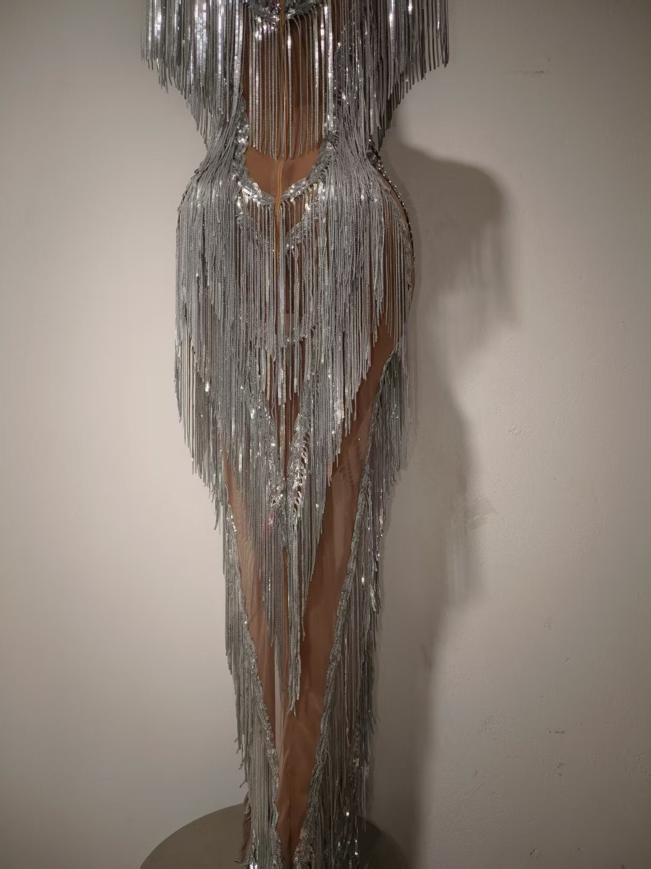 Shexian Silver Sequin Tassel Rhinestone Banquet Dress