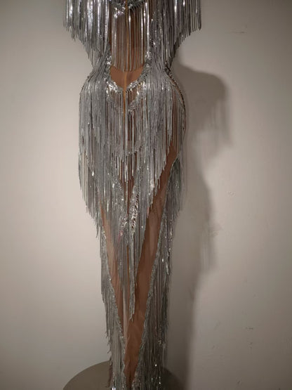 Shexian Silver Sequin Tassel Rhinestone Banquet Dress