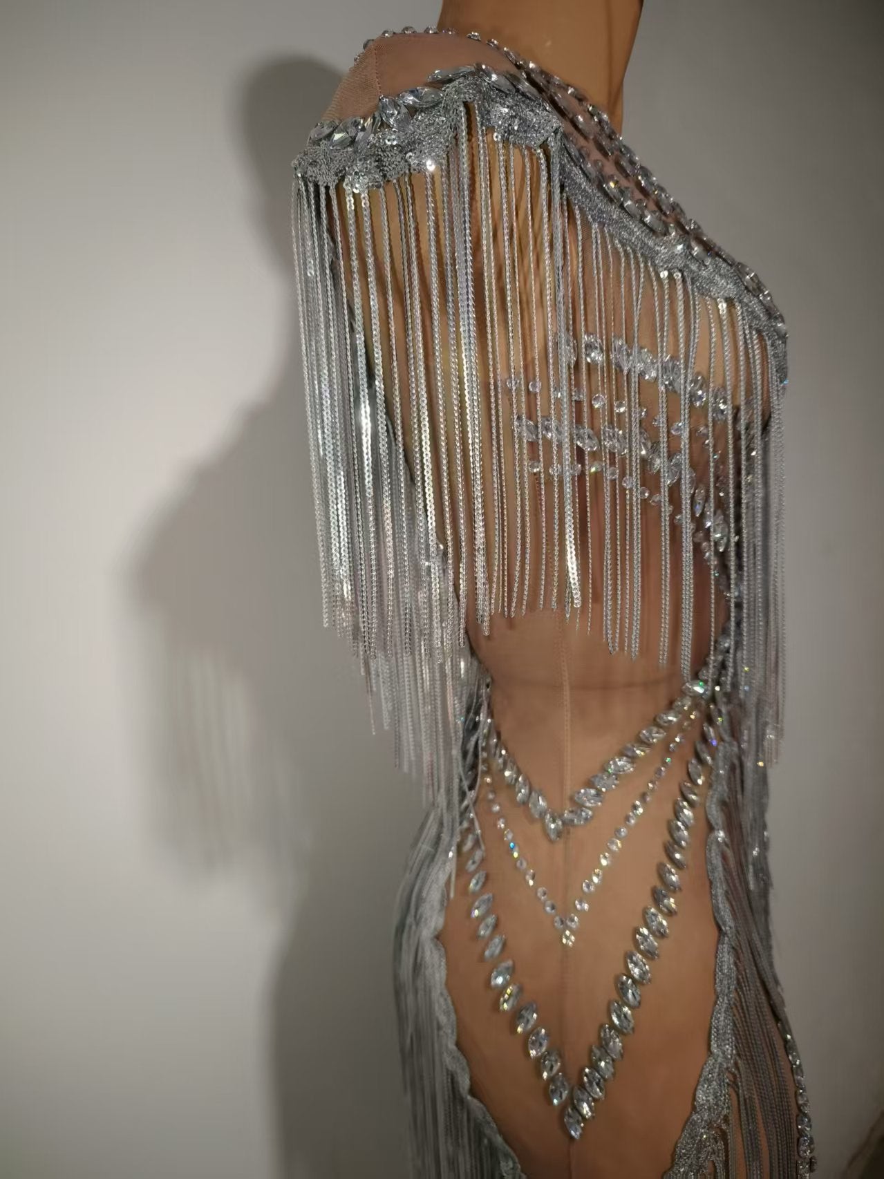 Shexian Silver Sequin Tassel Rhinestone Banquet Dress