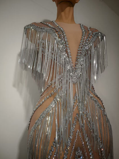 Shexian Silver Sequin Tassel Rhinestone Banquet Dress
