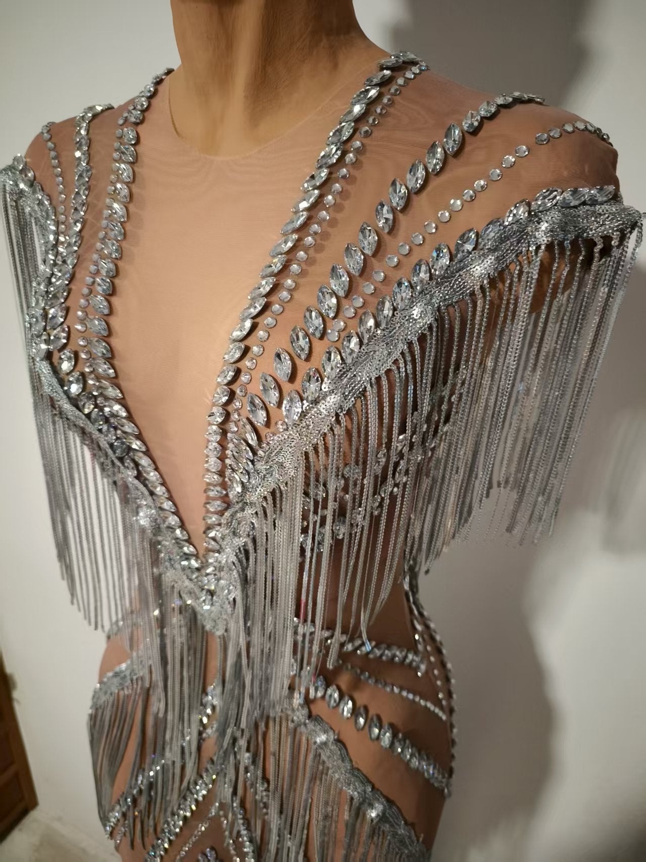 Shexian Silver Sequin Tassel Rhinestone Banquet Dress