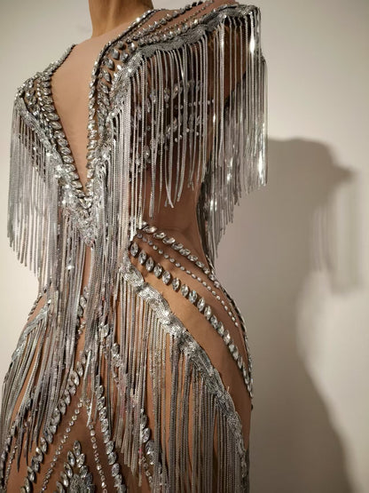 Shexian Silver Sequin Tassel Rhinestone Banquet Dress