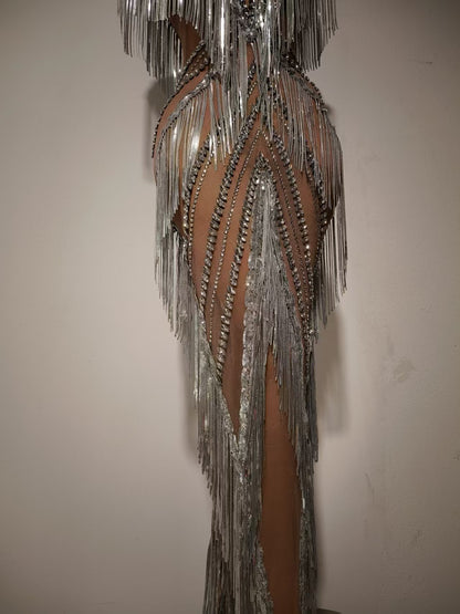 Shexian Silver Sequin Tassel Rhinestone Banquet Dress