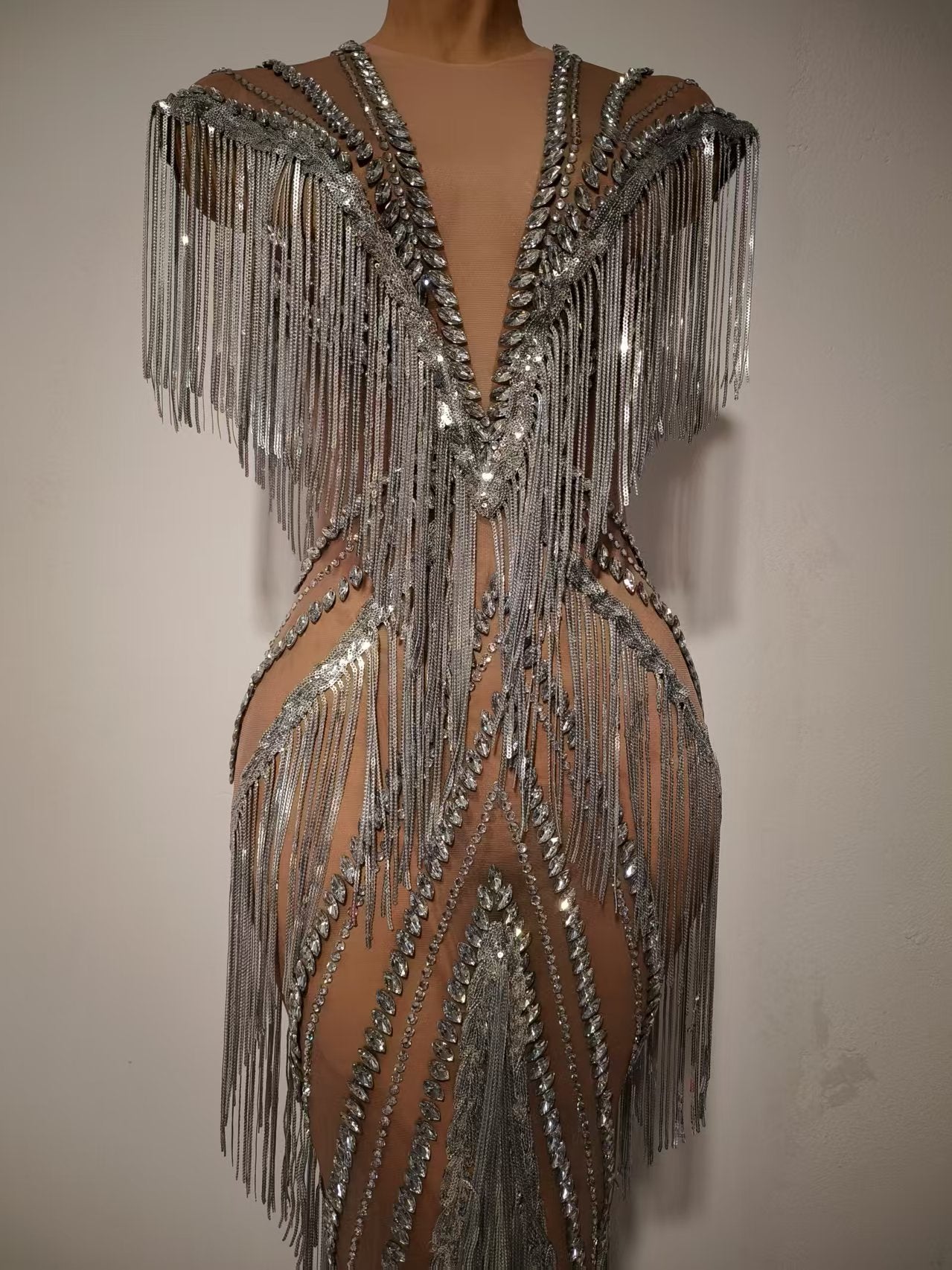 Shexian Silver Sequin Tassel Rhinestone Banquet Dress