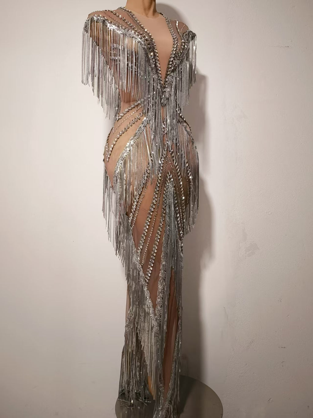 Shexian Silver Sequin Tassel Rhinestone Banquet Dress