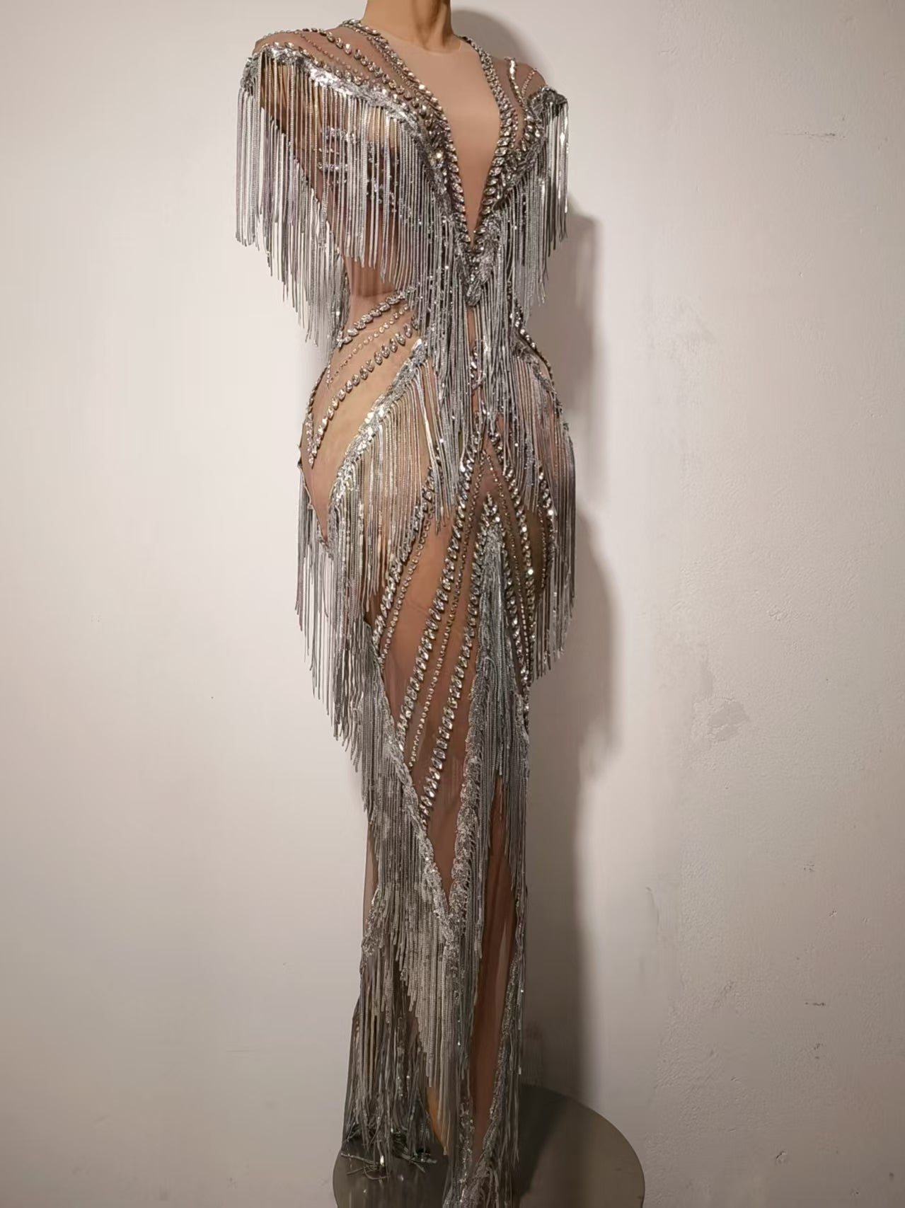 Shexian Silver Sequin Tassel Rhinestone Banquet Dress