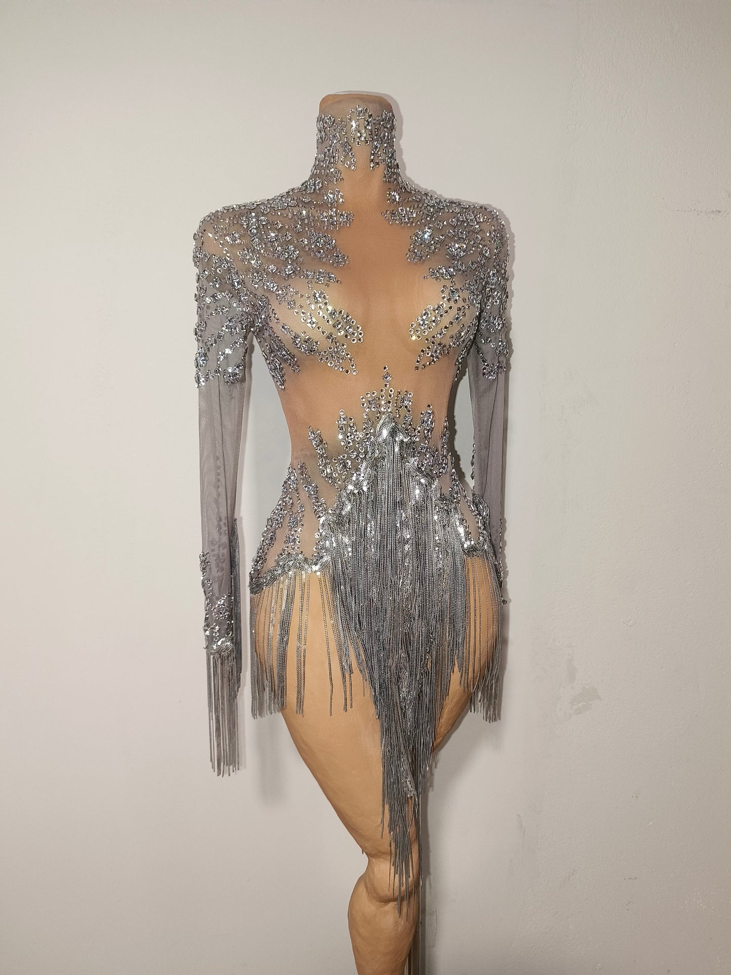 Tangshui Silver Transparent Mesh Fringe Diamond Jumpsuit