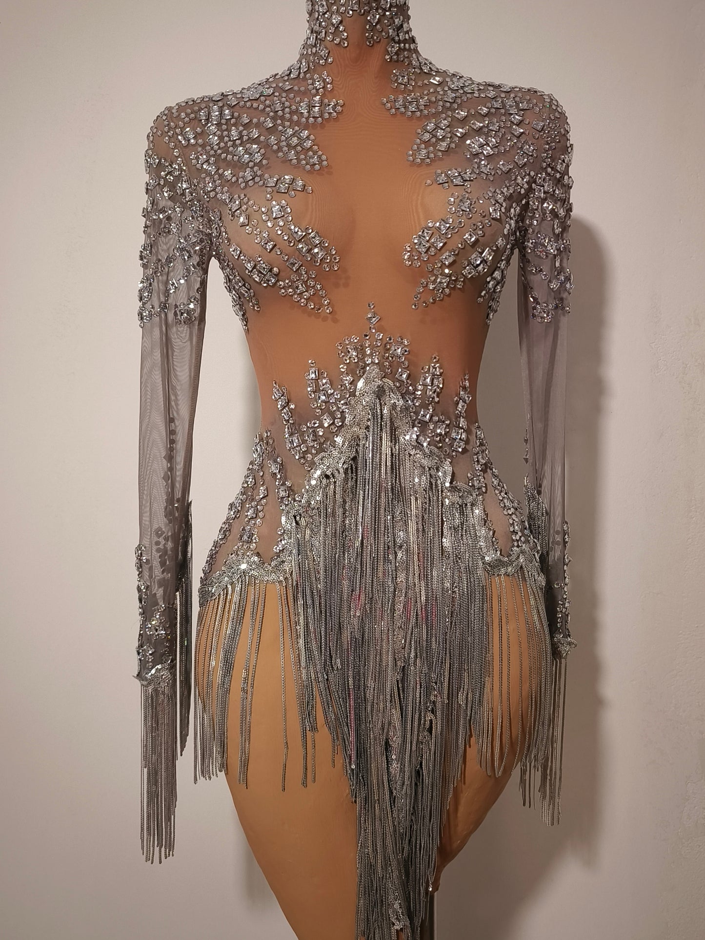 Tangshui Silver Transparent Mesh Fringe Diamond Jumpsuit