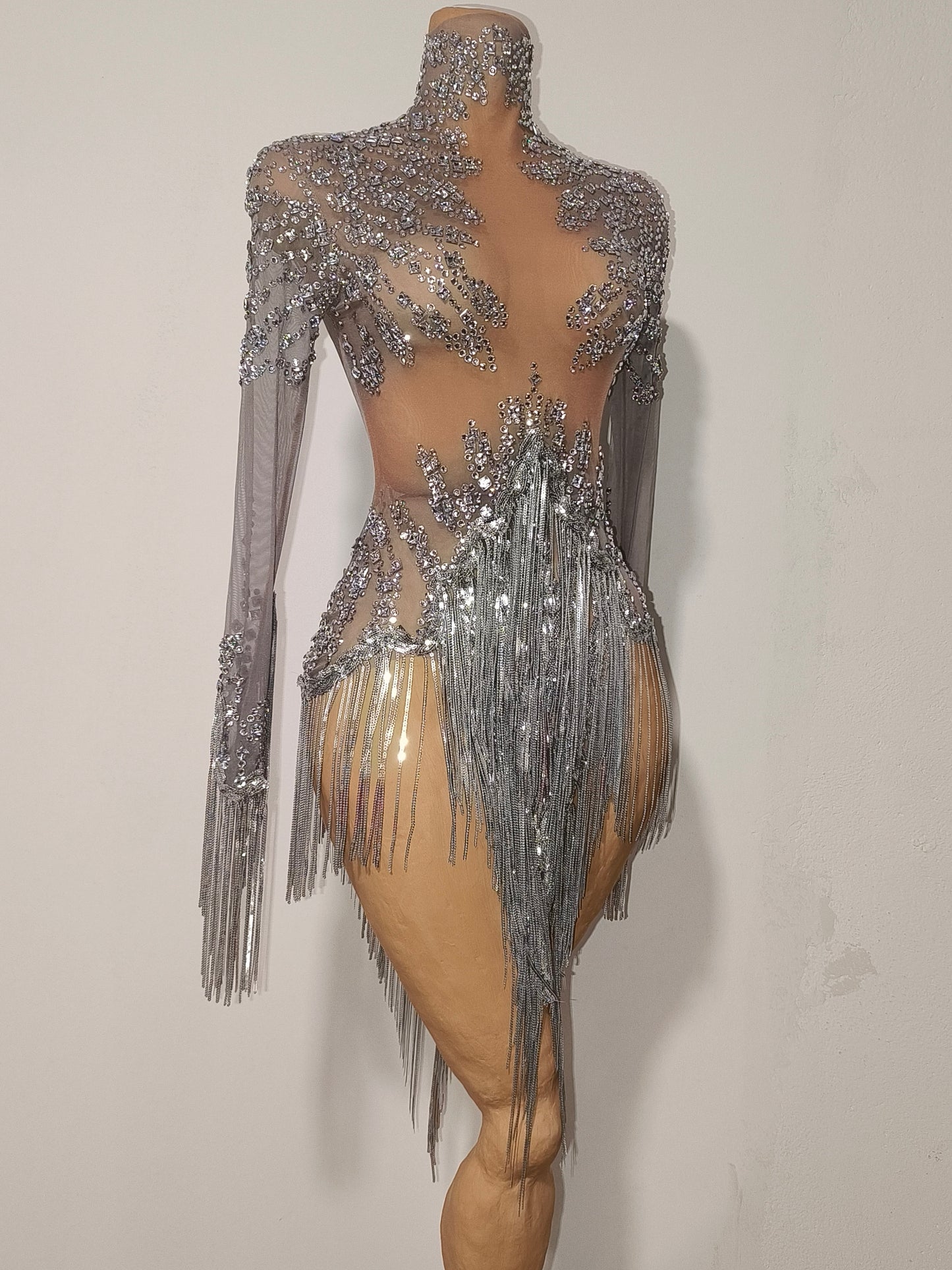 Tangshui Silver Transparent Mesh Fringe Diamond Jumpsuit