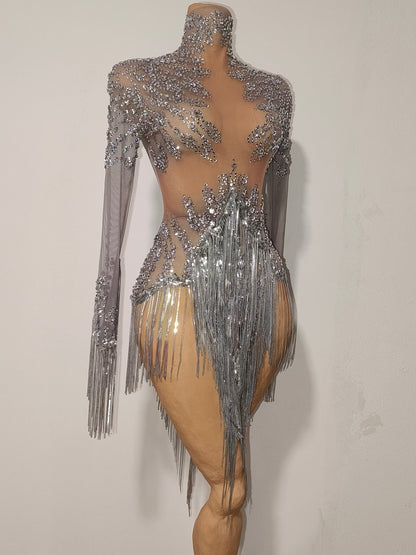 Tangshui Silver Transparent Mesh Fringe Diamond Jumpsuit