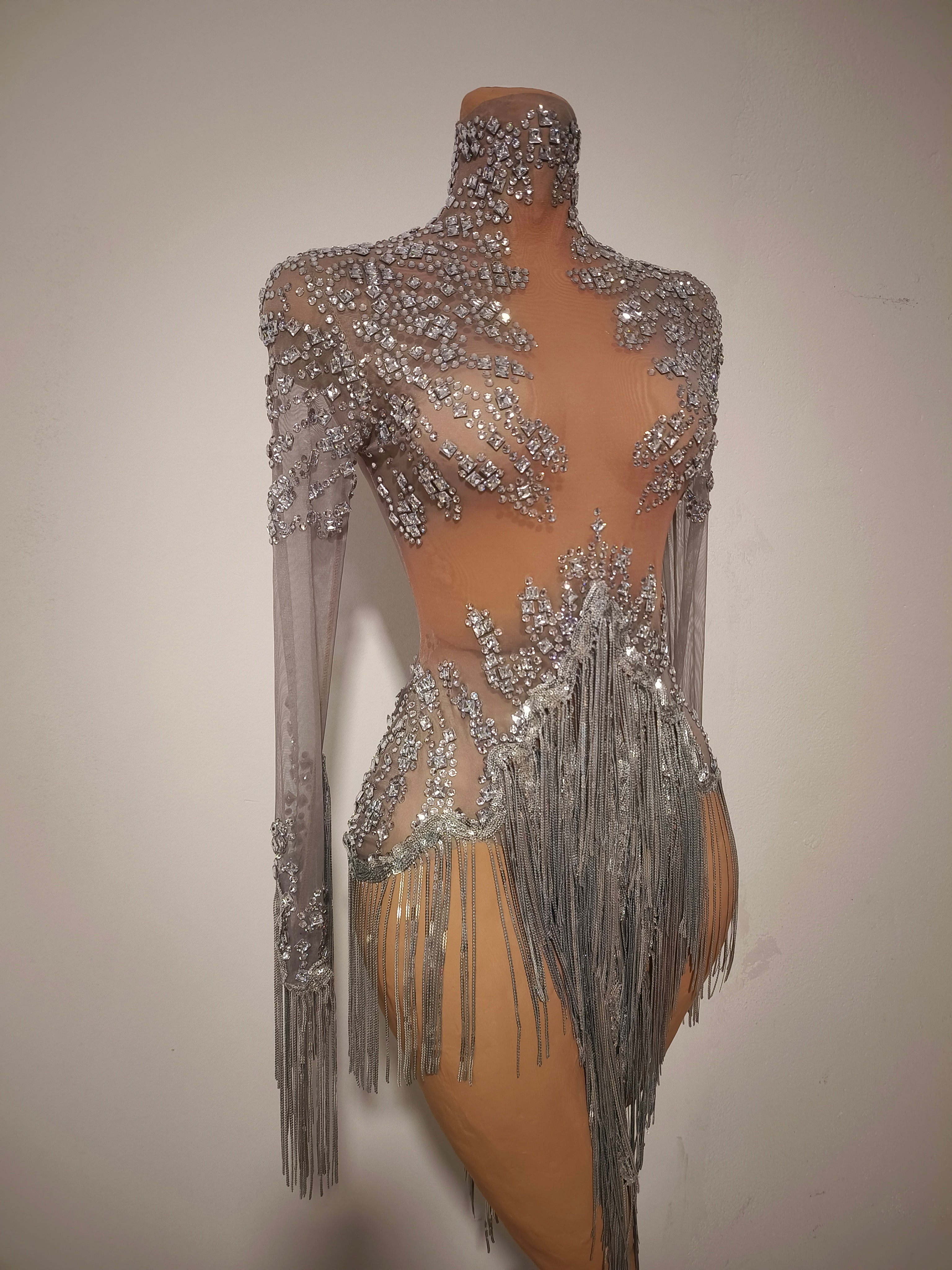 Tangshui Silver Transparent Mesh Fringe Diamond Jumpsuit