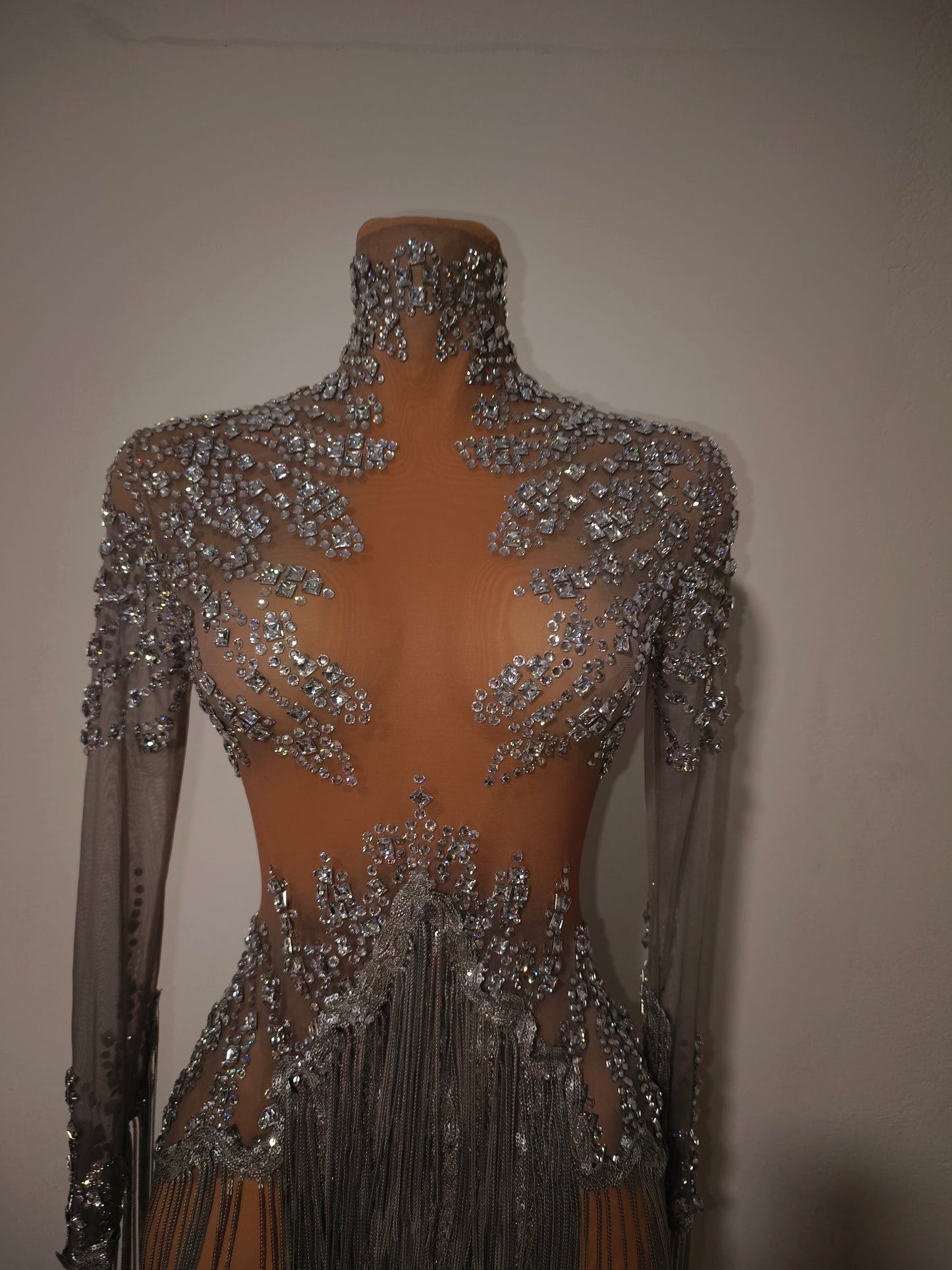 Tangshui Silver Transparent Mesh Fringe Diamond Jumpsuit