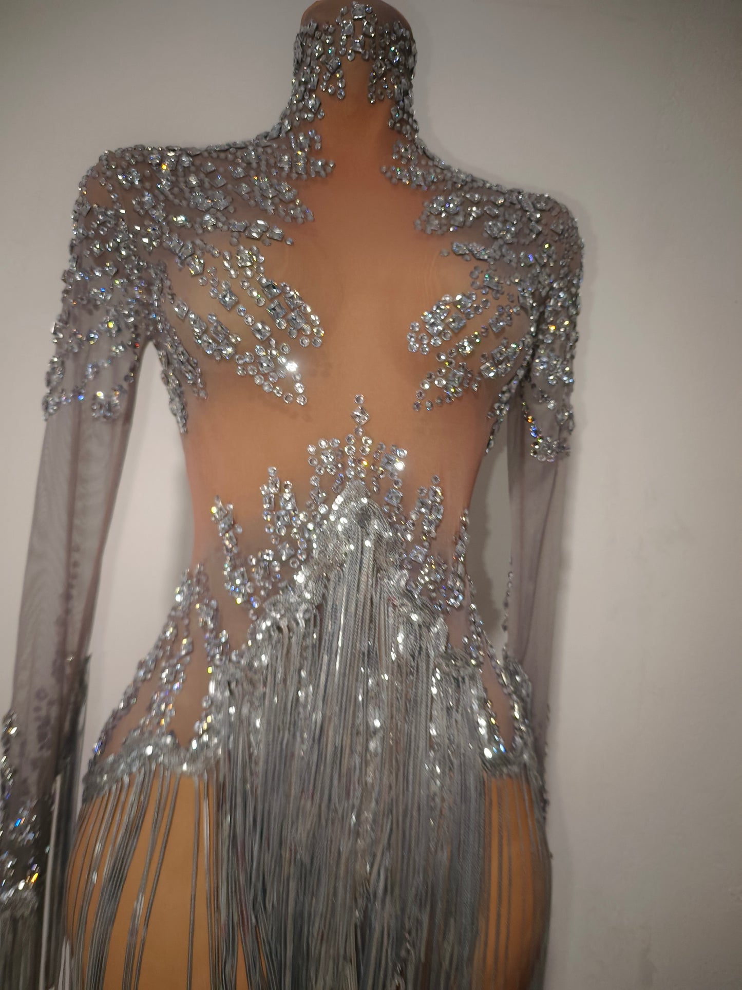 Tangshui Silver Transparent Mesh Fringe Diamond Jumpsuit