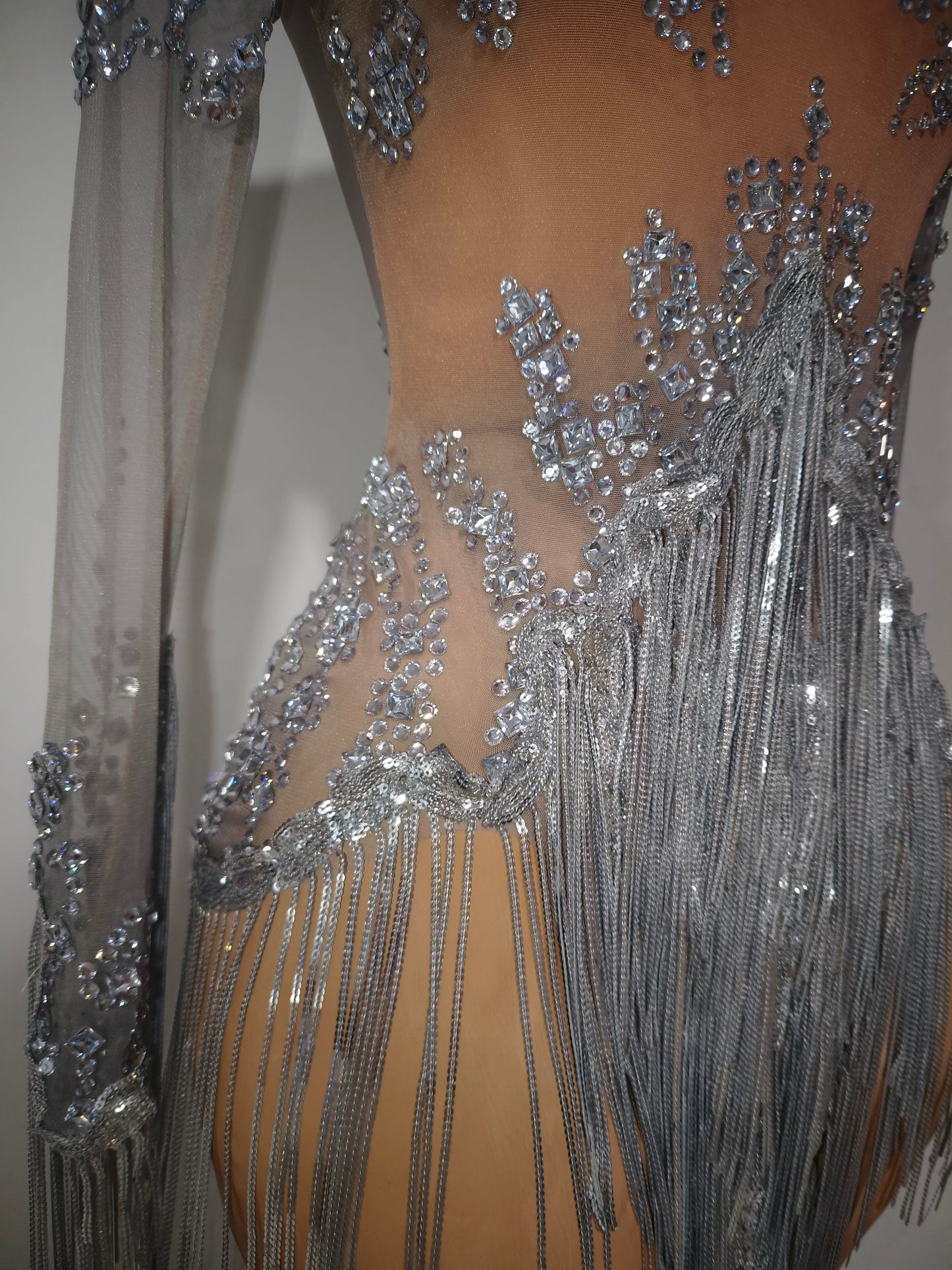 Tangshui Silver Transparent Mesh Fringe Diamond Jumpsuit