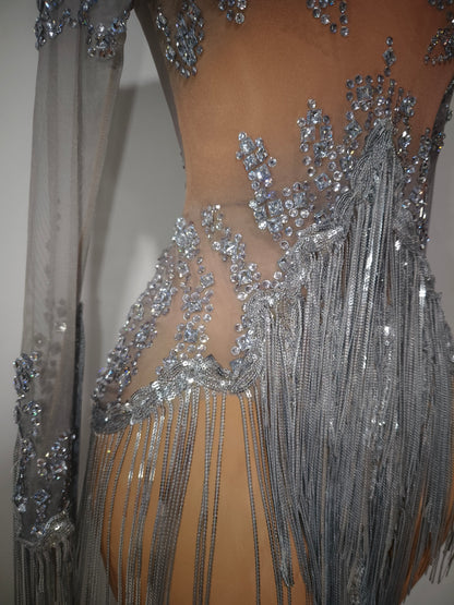 Tangshui Silver Transparent Mesh Fringe Diamond Jumpsuit