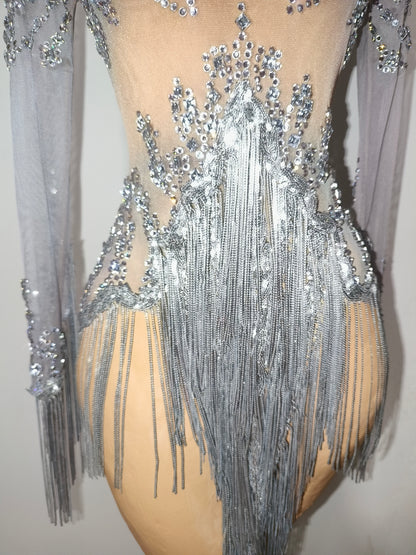 Tangshui Silver Transparent Mesh Fringe Diamond Jumpsuit