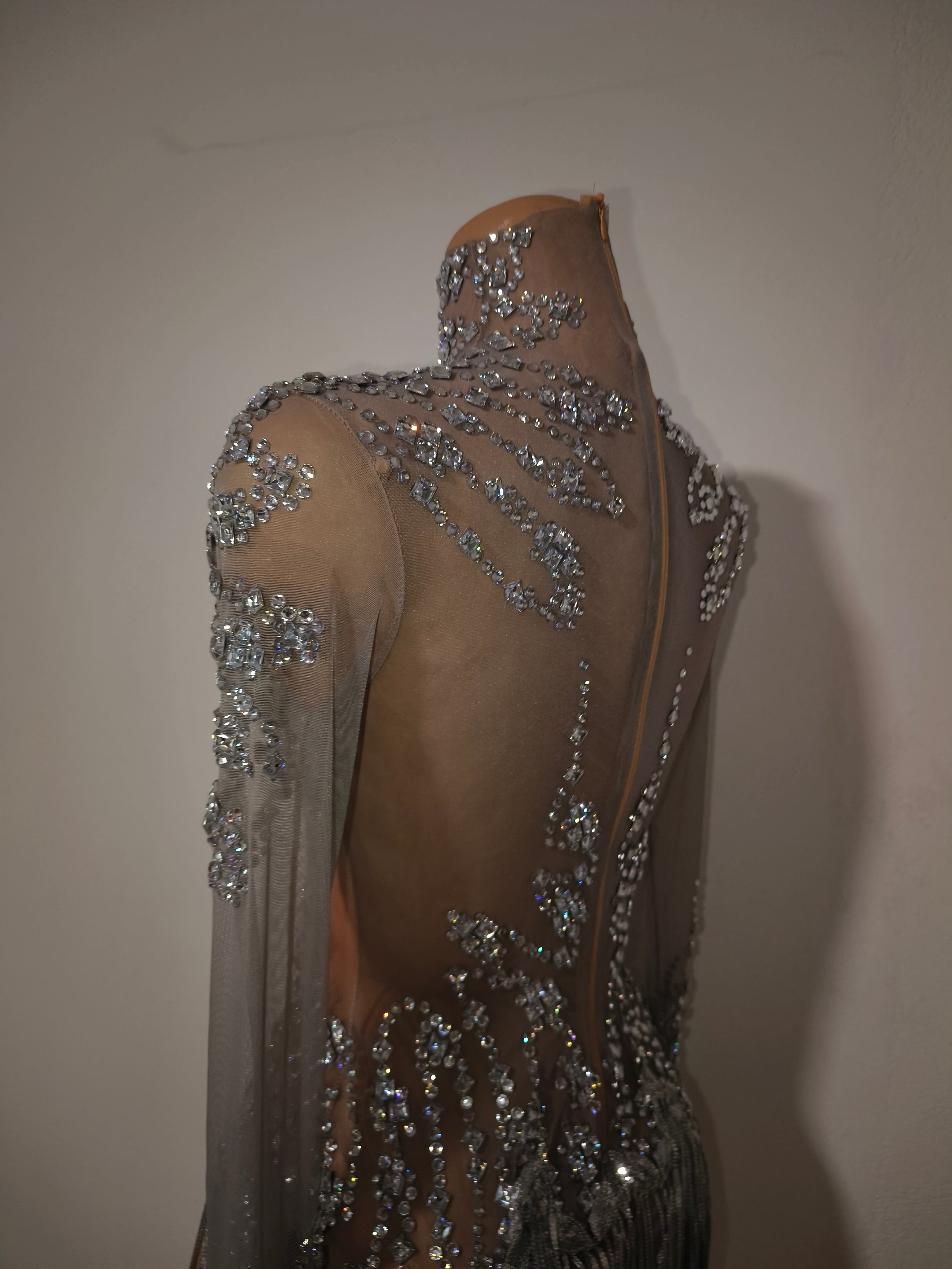 Tangshui Silver Transparent Mesh Fringe Diamond Jumpsuit