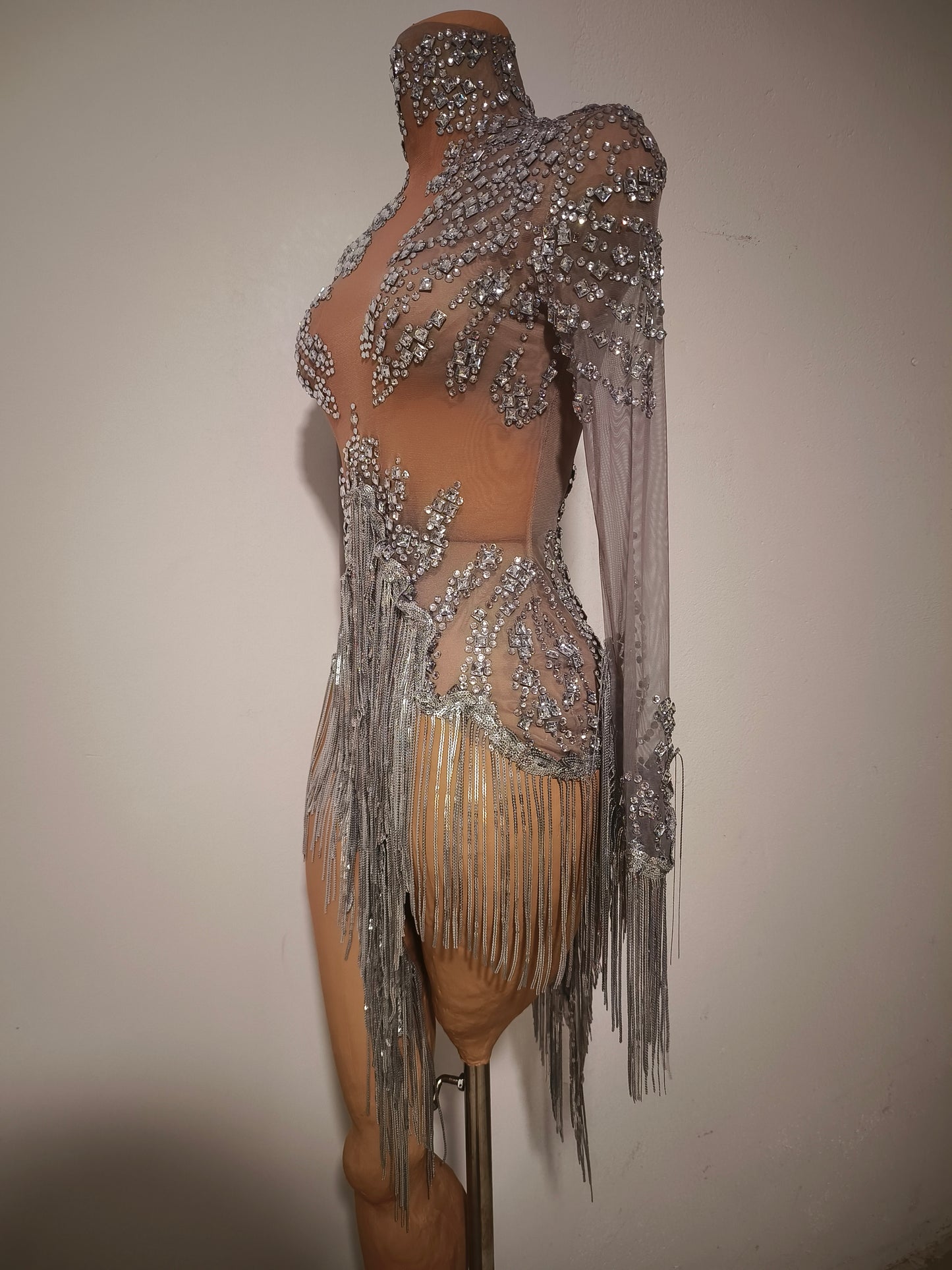 Tangshui Silver Transparent Mesh Fringe Diamond Jumpsuit