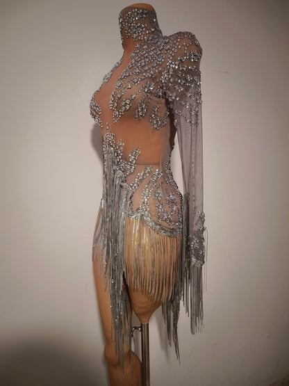 Tangshui Silver Transparent Mesh Fringe Diamond Jumpsuit