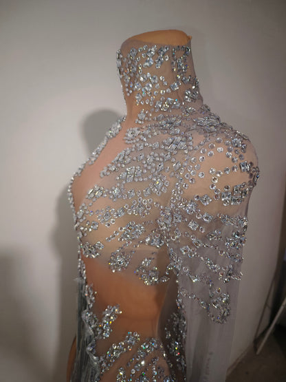 Tangshui Silver Transparent Mesh Fringe Diamond Jumpsuit