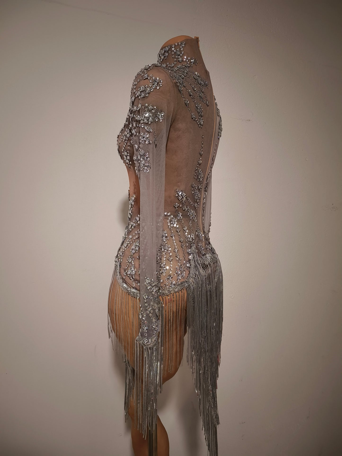 Tangshui Silver Transparent Mesh Fringe Diamond Jumpsuit