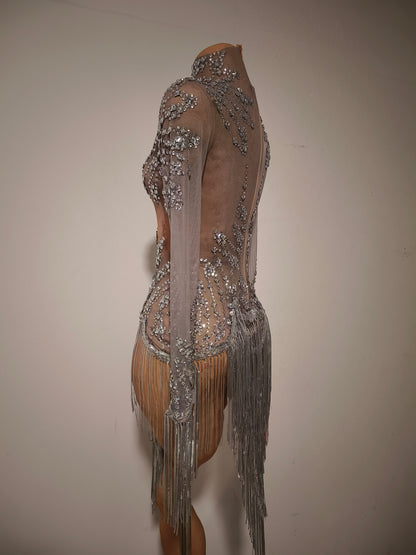 Tangshui Silver Transparent Mesh Fringe Diamond Jumpsuit