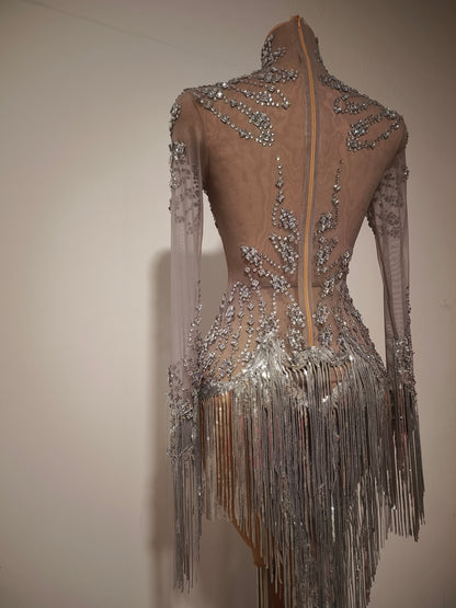 Tangshui Silver Transparent Mesh Fringe Diamond Jumpsuit