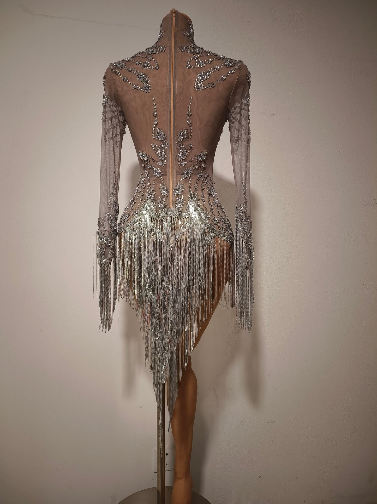 Tangshui Silver Transparent Mesh Fringe Diamond Jumpsuit