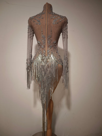 Tangshui Silver Transparent Mesh Fringe Diamond Jumpsuit
