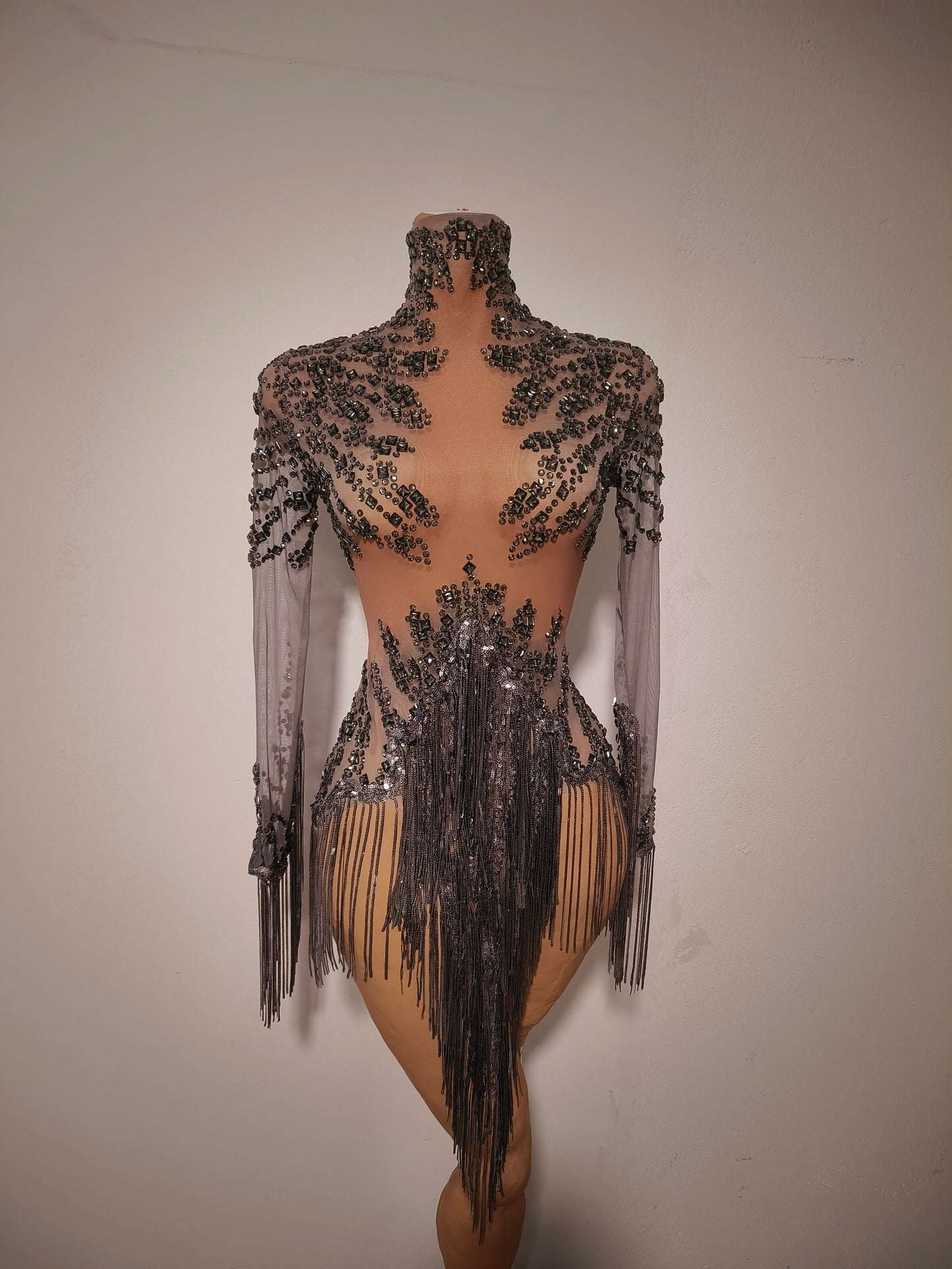 Tangshui Grey Transparent Mesh Fringe Diamond Jumpsuit