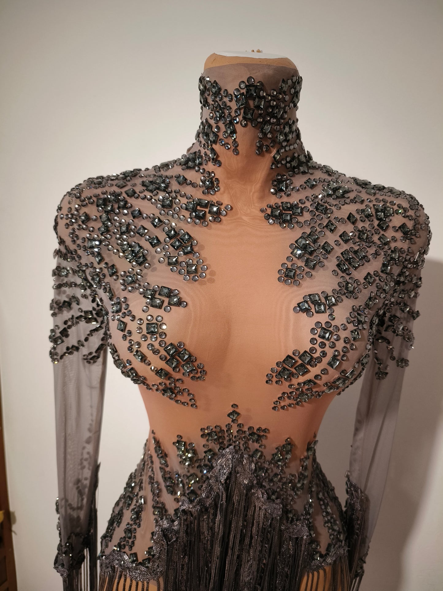 Tangshui Grey Transparent Mesh Fringe Diamond Jumpsuit