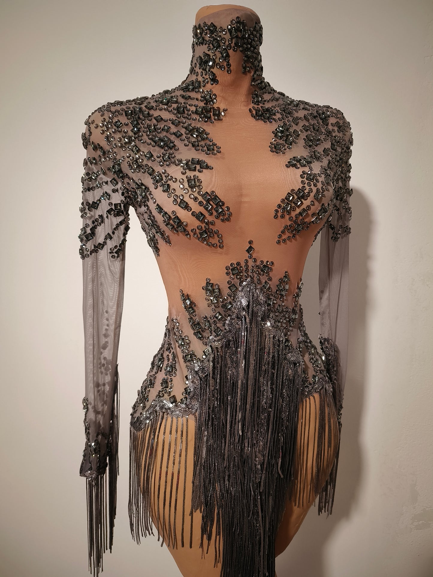 Tangshui Grey Transparent Mesh Fringe Diamond Jumpsuit