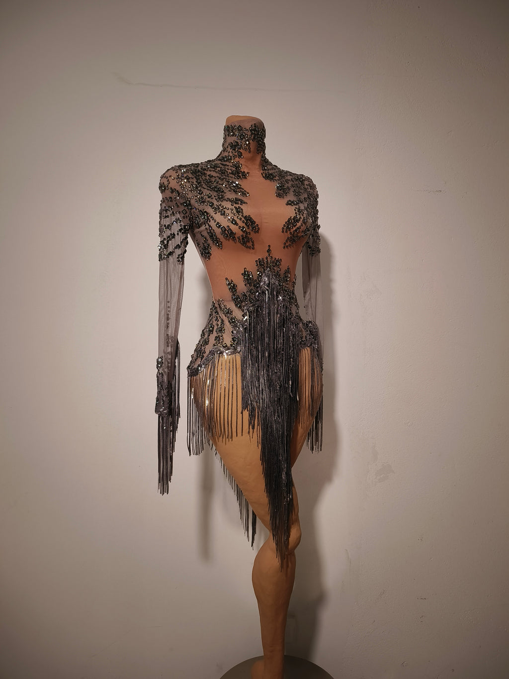 Tangshui Grey Transparent Mesh Fringe Diamond Jumpsuit